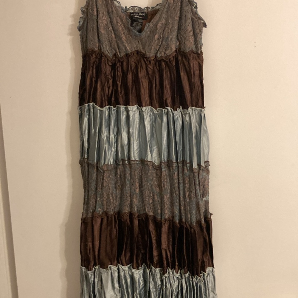 Vintage Guess Ruffled Baby Doll Dress Women's S Brown Teal Fairy Lace Y2K - Picture 6 of 10